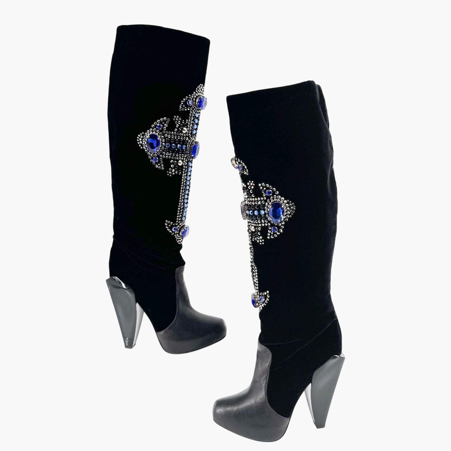 Versace Crystal-Embellished Cross Knee High Boots in Black Velvet and Leather Size 37