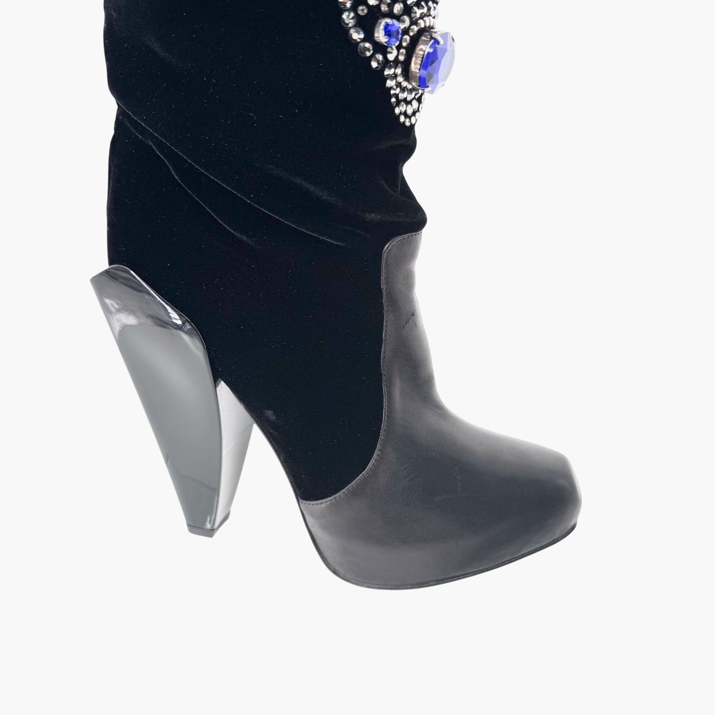 Versace Crystal-Embellished Cross Knee High Boots in Black Velvet and Leather Size 37