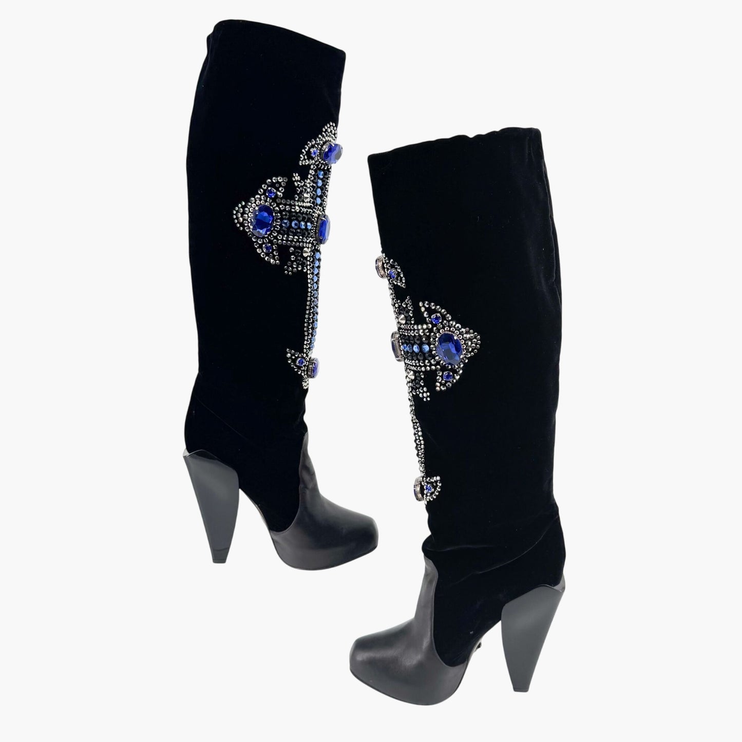 Versace Crystal-Embellished Cross Knee High Boots in Black Velvet and Leather Size 37