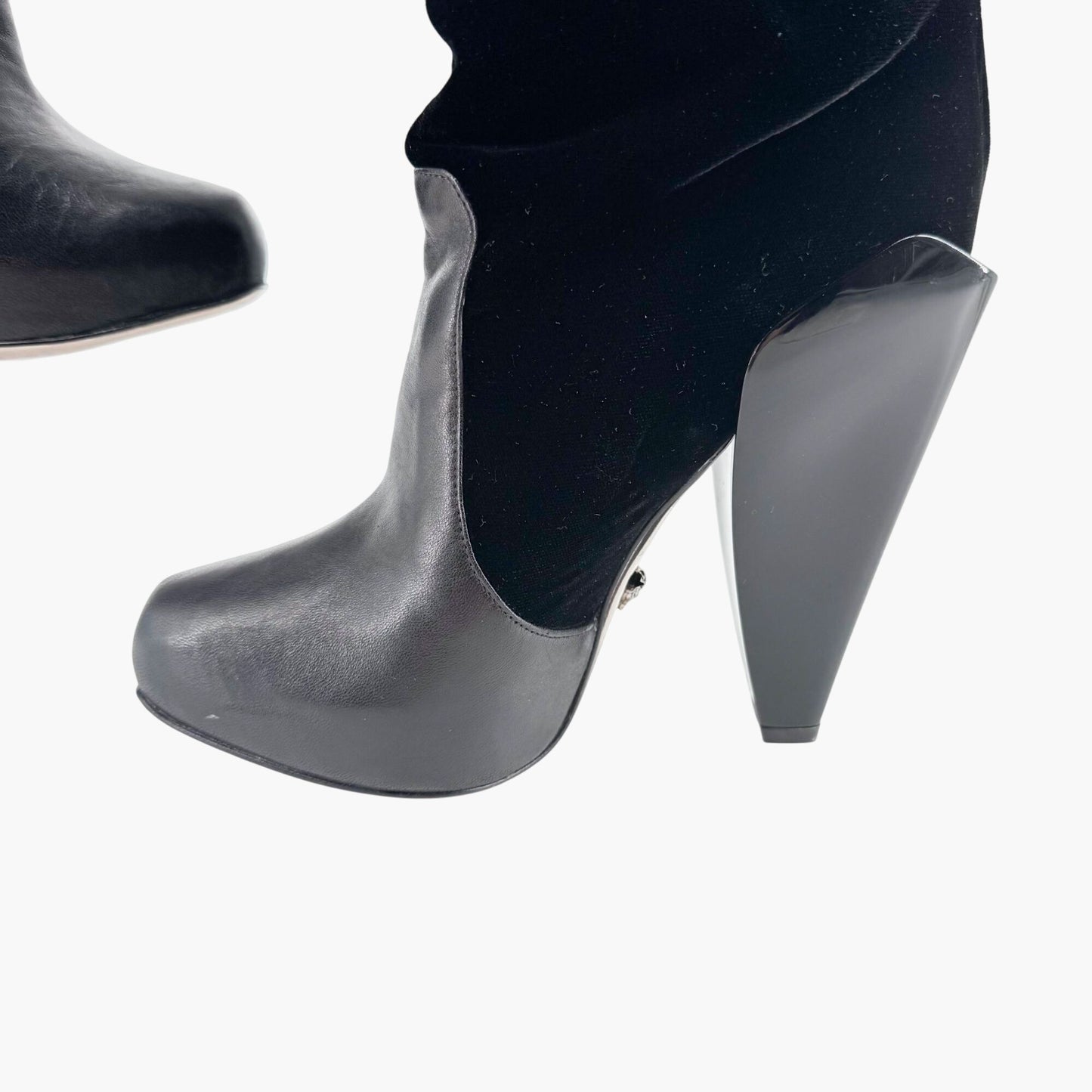 Versace Crystal-Embellished Cross Knee High Boots in Black Velvet and Leather Size 37