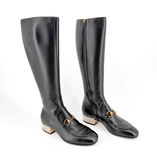 Gucci Black Leather Mister Horsebit Knee High Boots Size 37