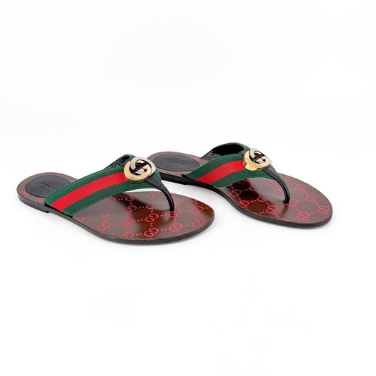 Gucci Kika Web Stripe Interlocking G Thong Sandals Size 39
