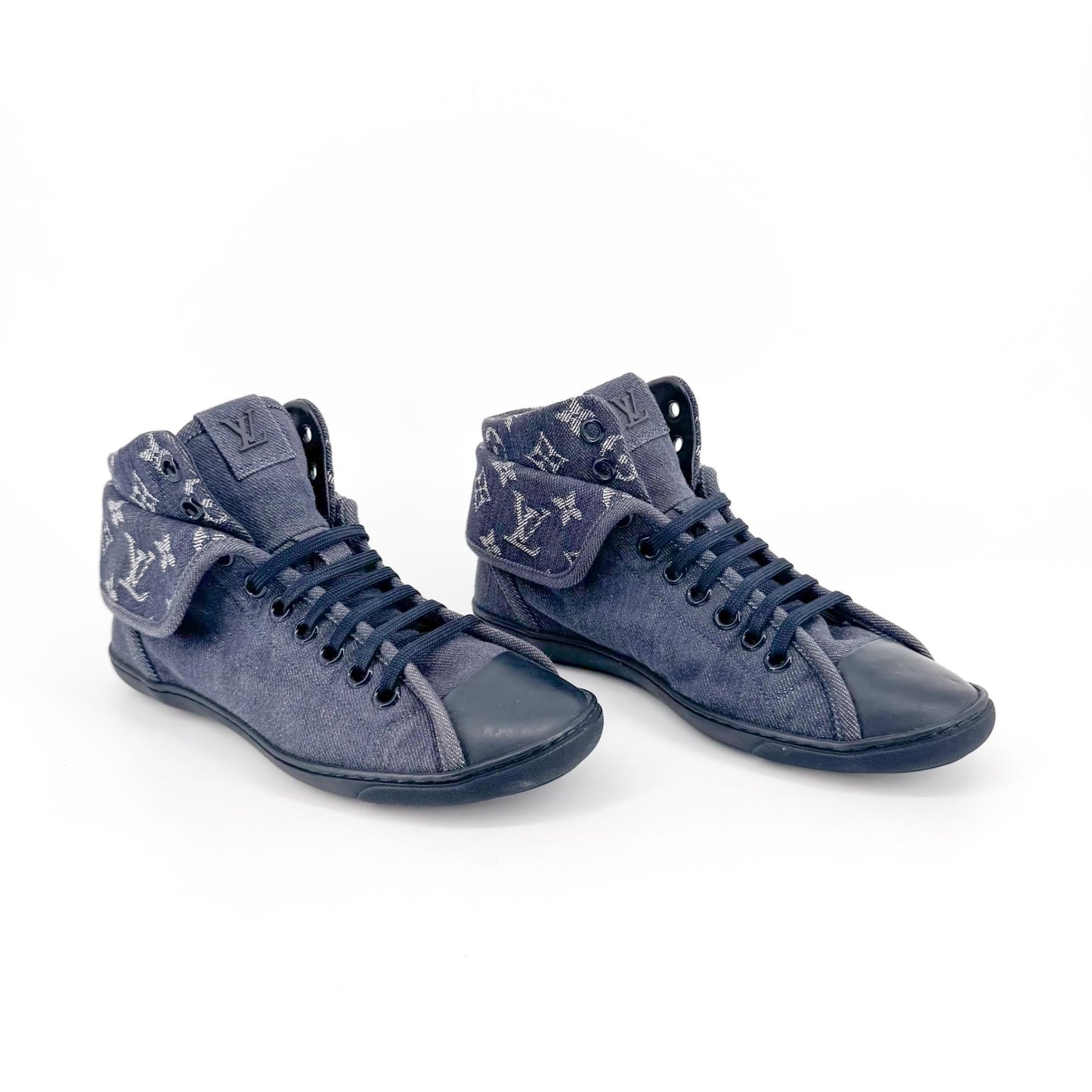 Louis Vuitton Brea Mid-Top Sneakers in Navy Monogram Denim – Size 37