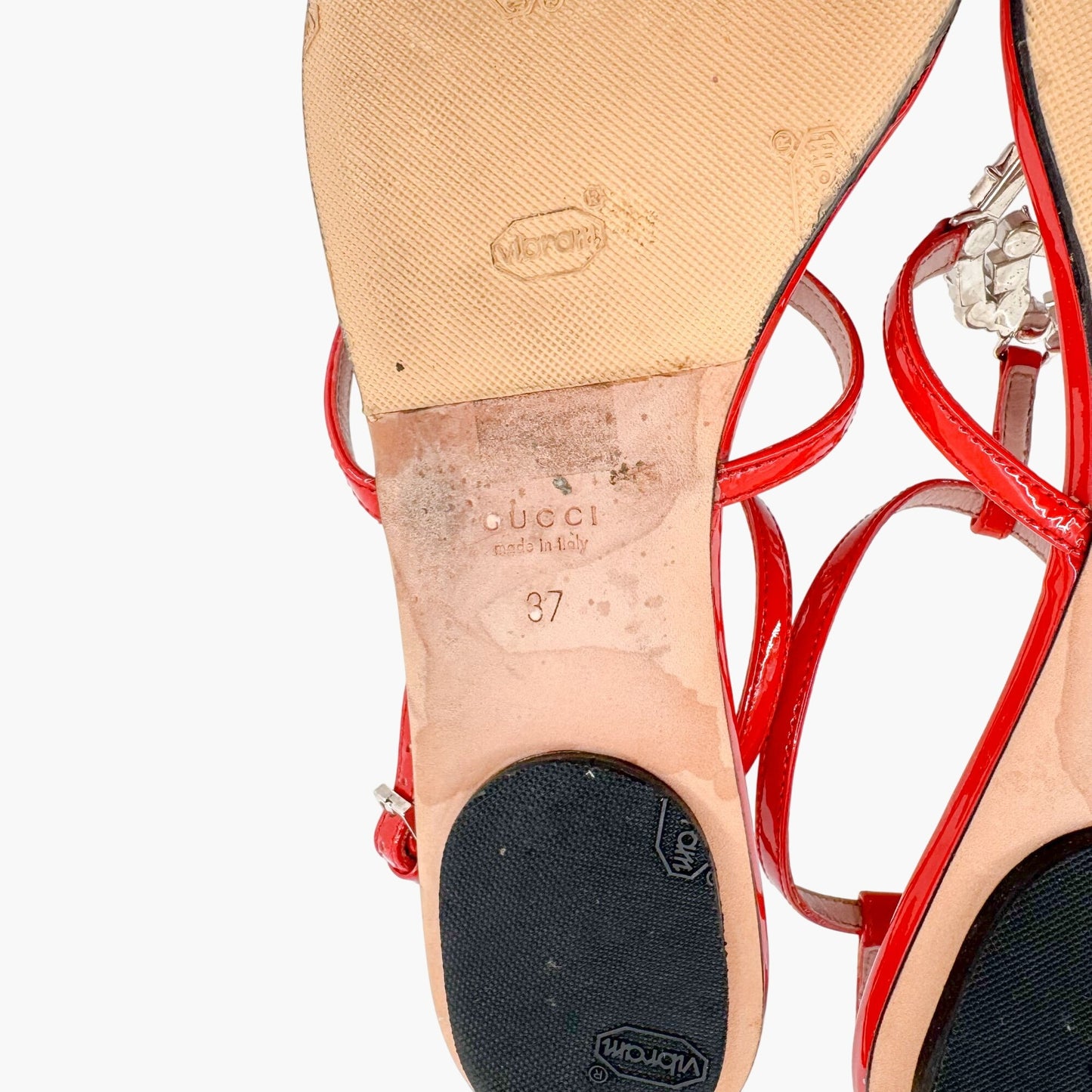 Gucci Crystal-Embellished Interlocking GG T-Strap Flat Sandals in Red Patent Leather Size 37