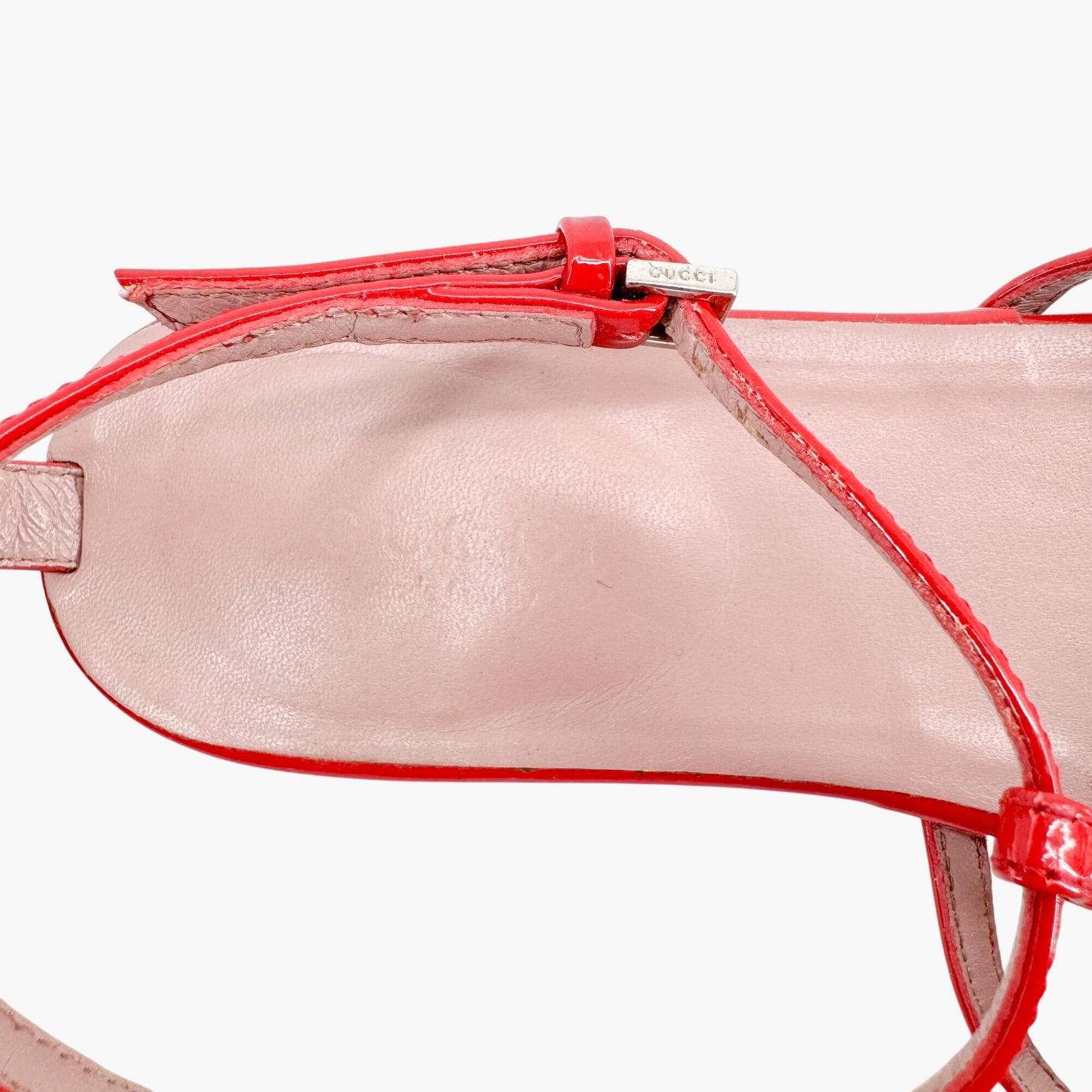 Gucci Crystal-Embellished Interlocking GG T-Strap Flat Sandals in Red Patent Leather Size 37