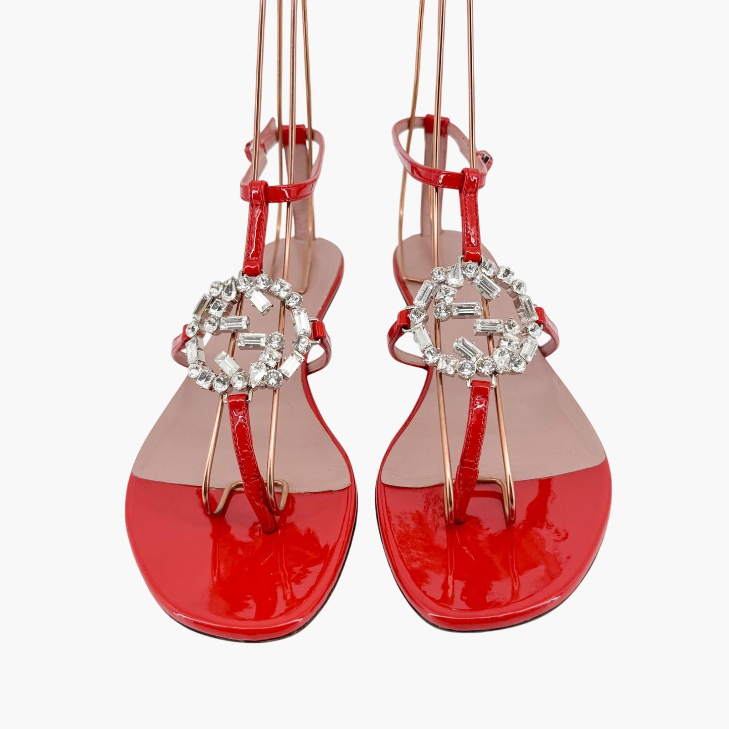 Gucci Crystal-Embellished Interlocking GG T-Strap Flat Sandals in Red Patent Leather Size 37