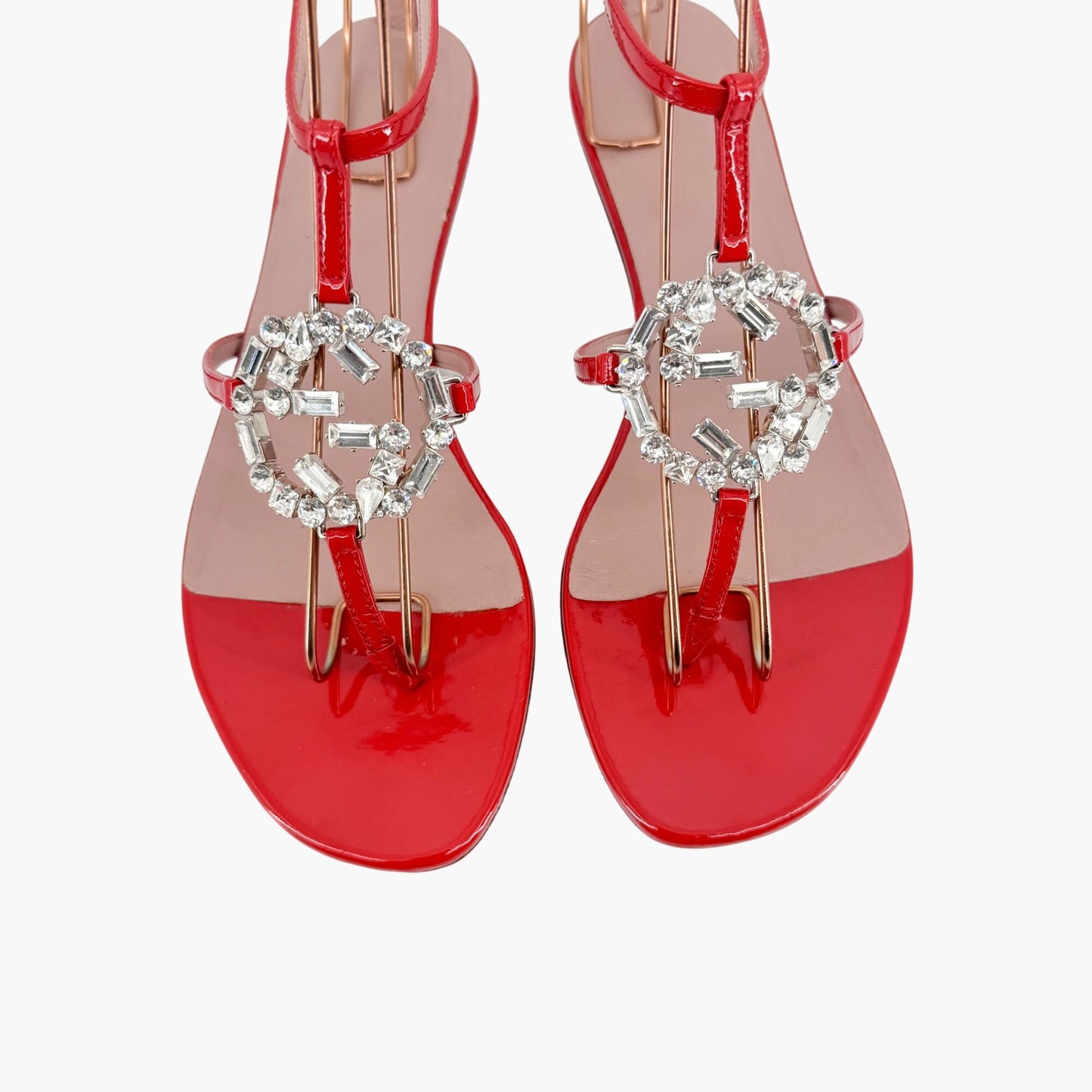 Gucci Crystal-Embellished Interlocking GG T-Strap Flat Sandals in Red Patent Leather Size 37