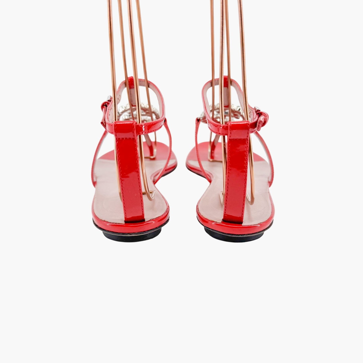 Gucci Crystal-Embellished Interlocking GG T-Strap Flat Sandals in Red Patent Leather Size 37