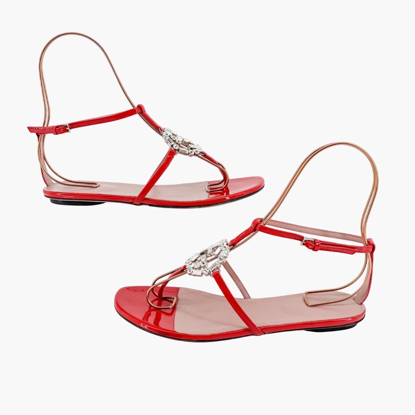 Gucci Crystal-Embellished Interlocking GG T-Strap Flat Sandals in Red Patent Leather Size 37