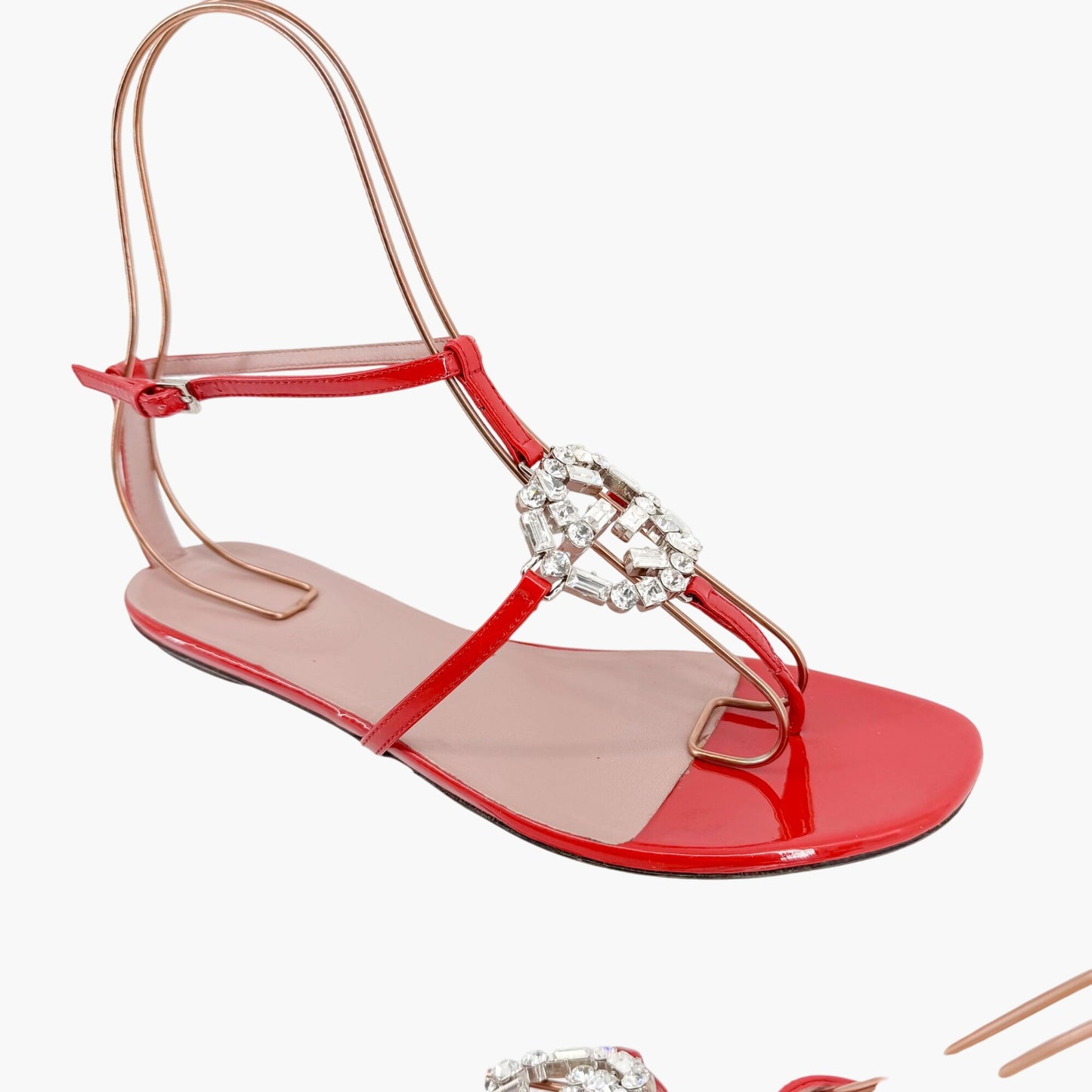 Gucci Crystal-Embellished Interlocking GG T-Strap Flat Sandals in Red Patent Leather Size 37