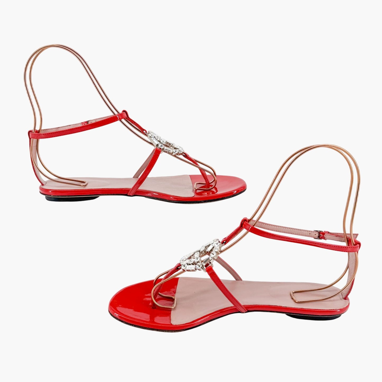 Gucci Crystal-Embellished Interlocking GG T-Strap Flat Sandals in Red Patent Leather Size 37