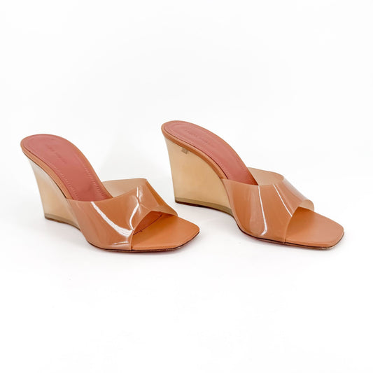 Amina Muaddi Lupita Glass Mule Wedge Heel in Tan PVC Size 40.5