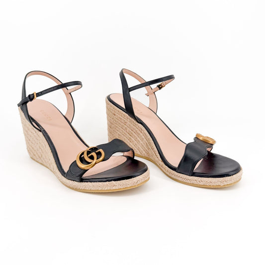 Gucci Black Leather Aitana GG Espadrille Wedge Sandals Size 41