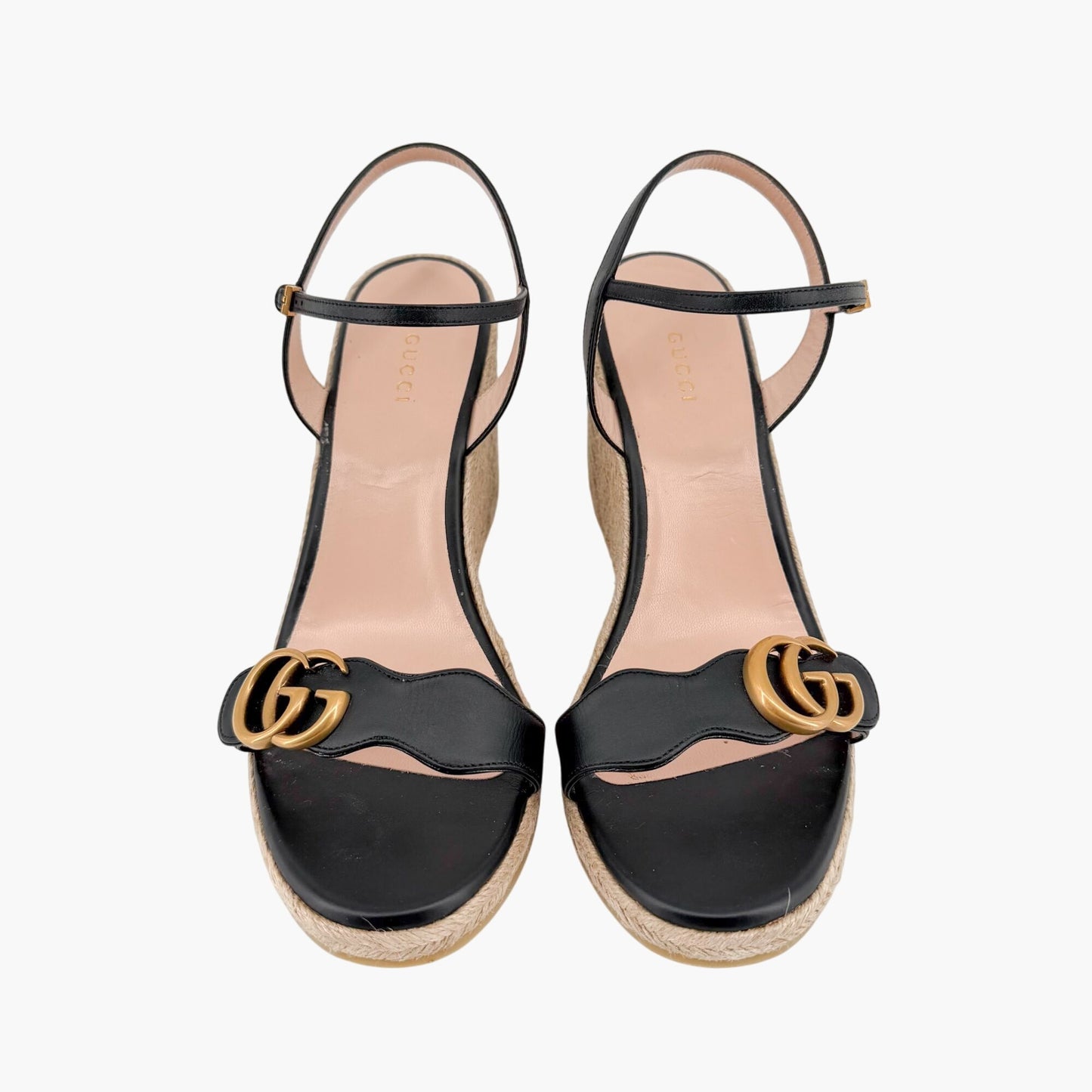 Gucci Black Leather Aitana GG Espadrille Wedge Sandals Size 41