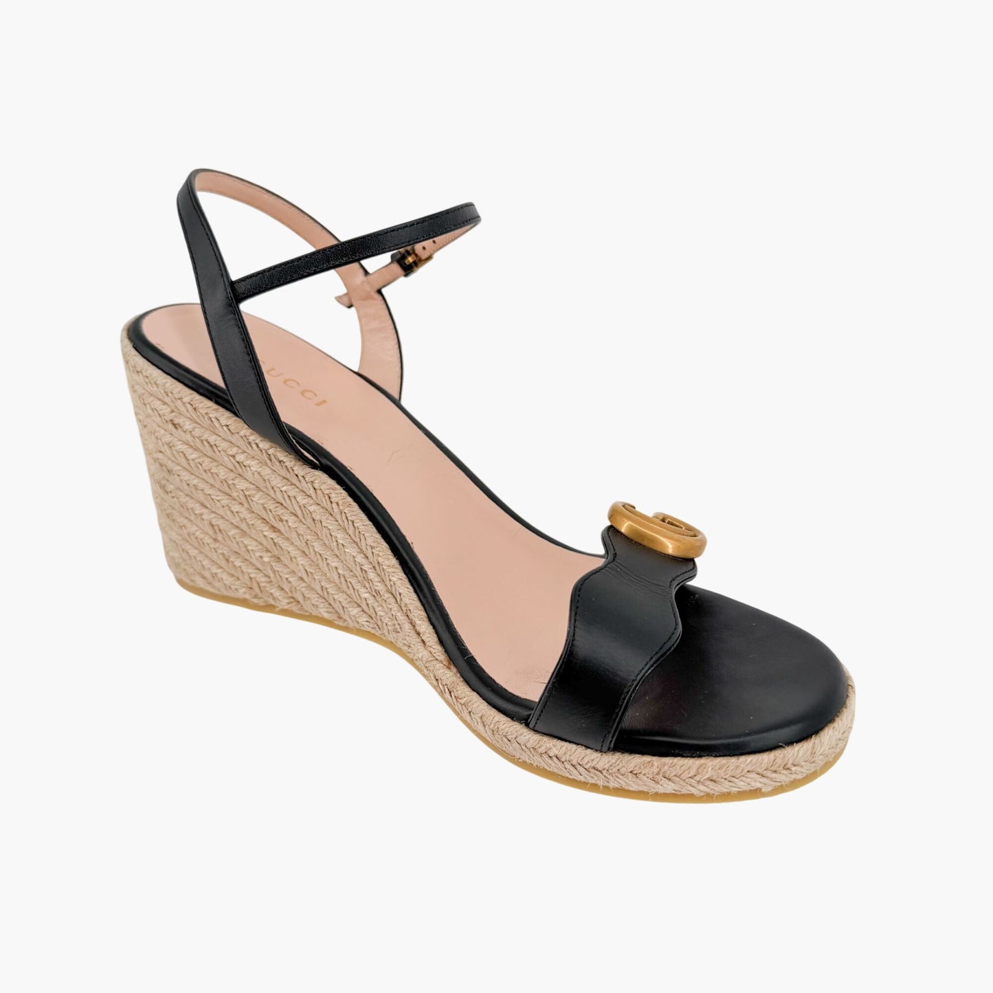 Gucci Black Leather Aitana GG Espadrille Wedge Sandals Size 41