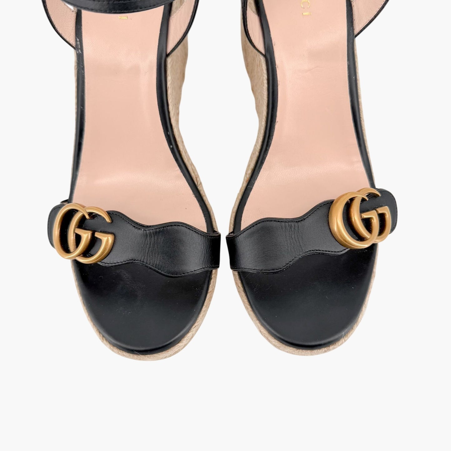 Gucci Black Leather Aitana GG Espadrille Wedge Sandals Size 41