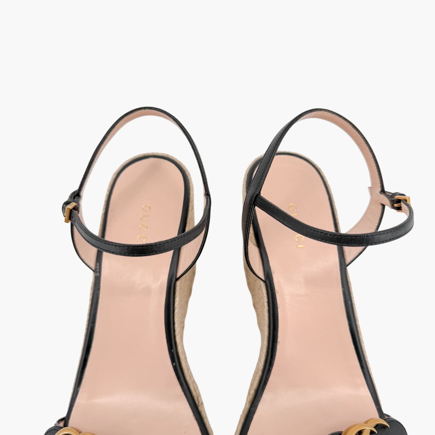 Gucci Black Leather Aitana GG Espadrille Wedge Sandals Size 41