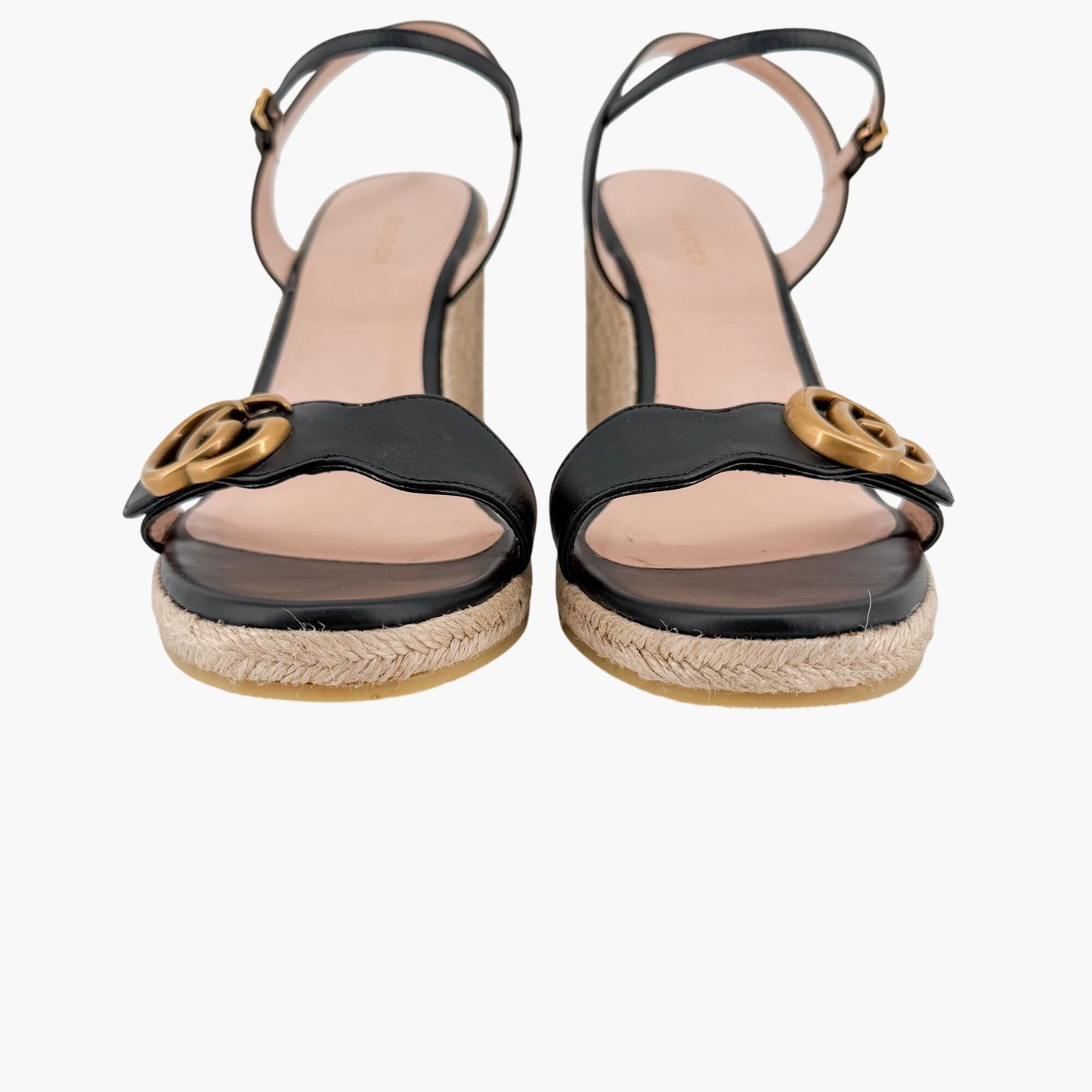 Gucci Black Leather Aitana GG Espadrille Wedge Sandals Size 41