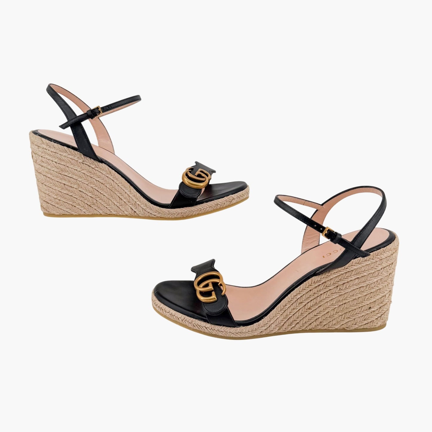 Gucci Black Leather Aitana GG Espadrille Wedge Sandals Size 41
