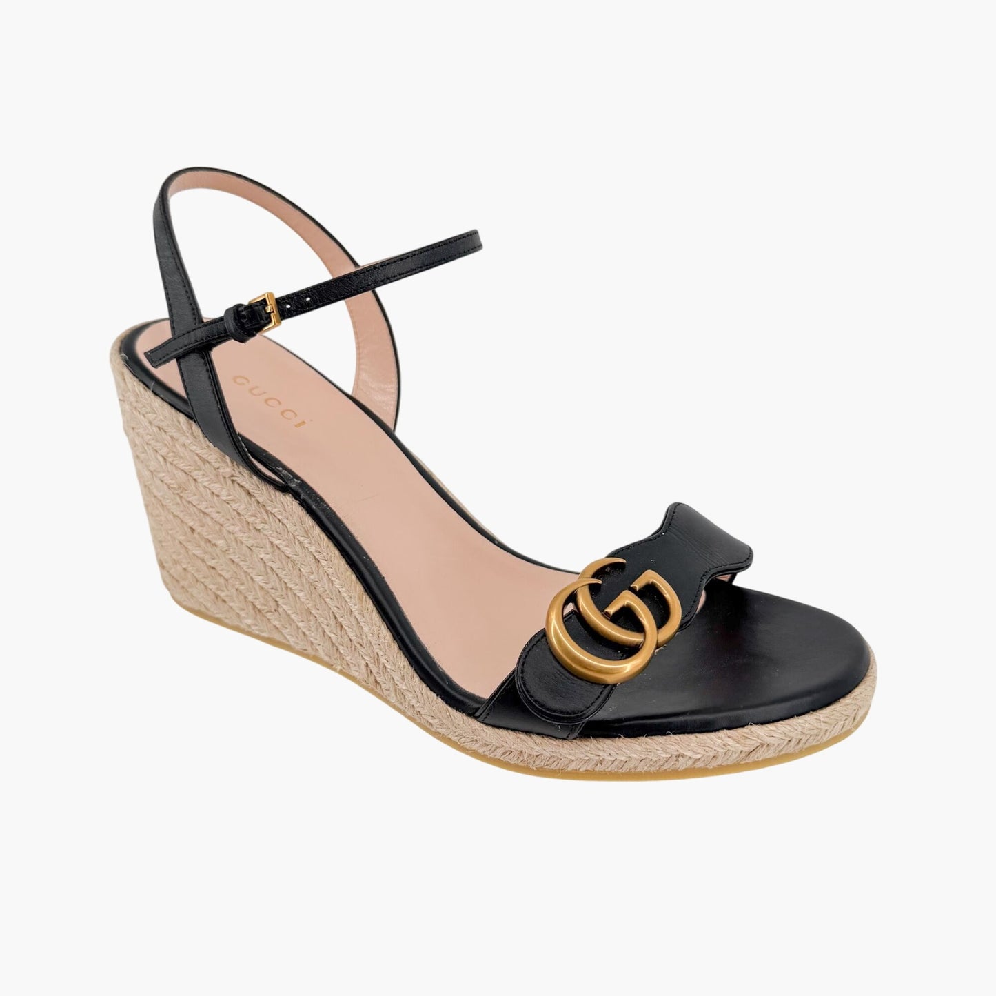 Gucci Black Leather Aitana GG Espadrille Wedge Sandals Size 41