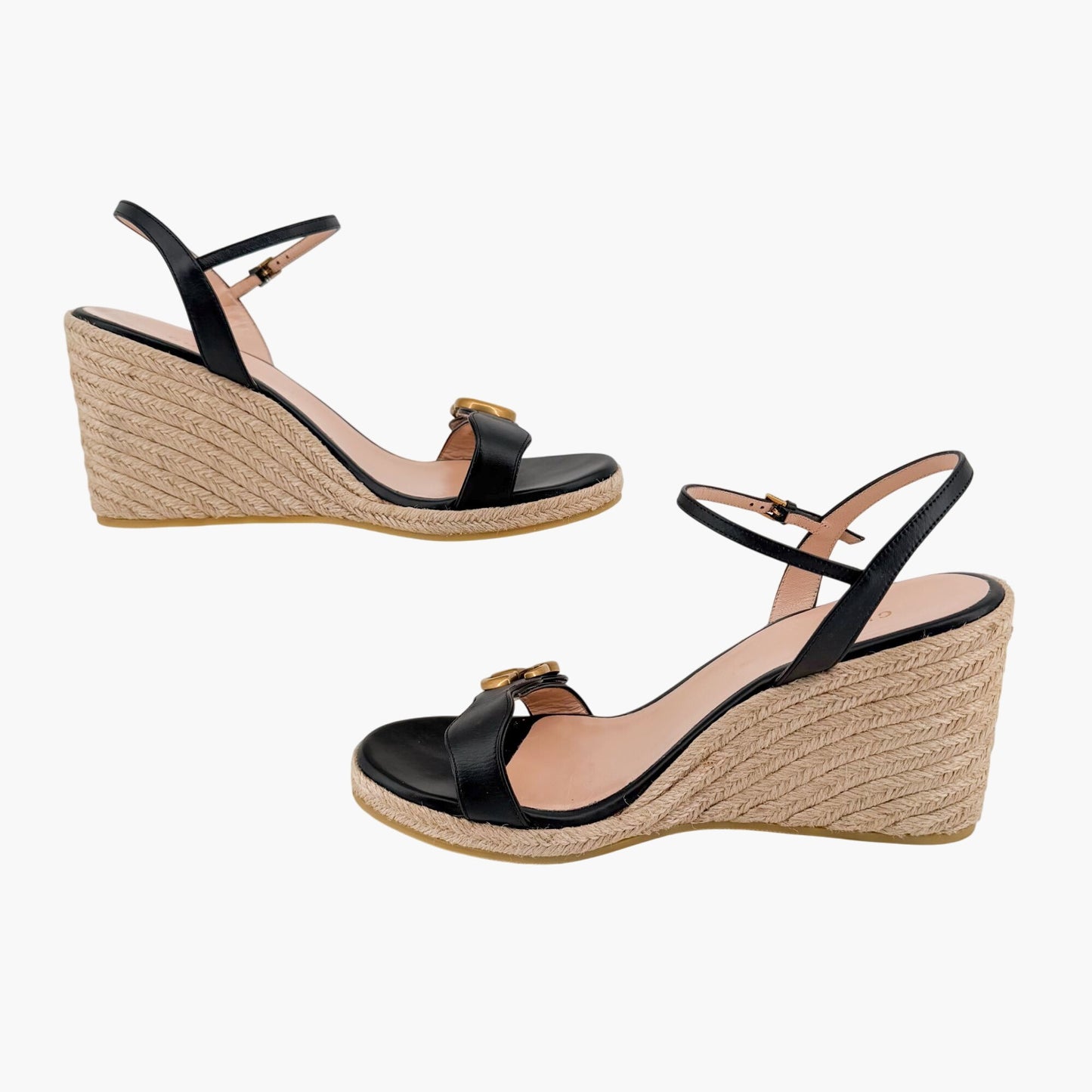Gucci Black Leather Aitana GG Espadrille Wedge Sandals Size 41