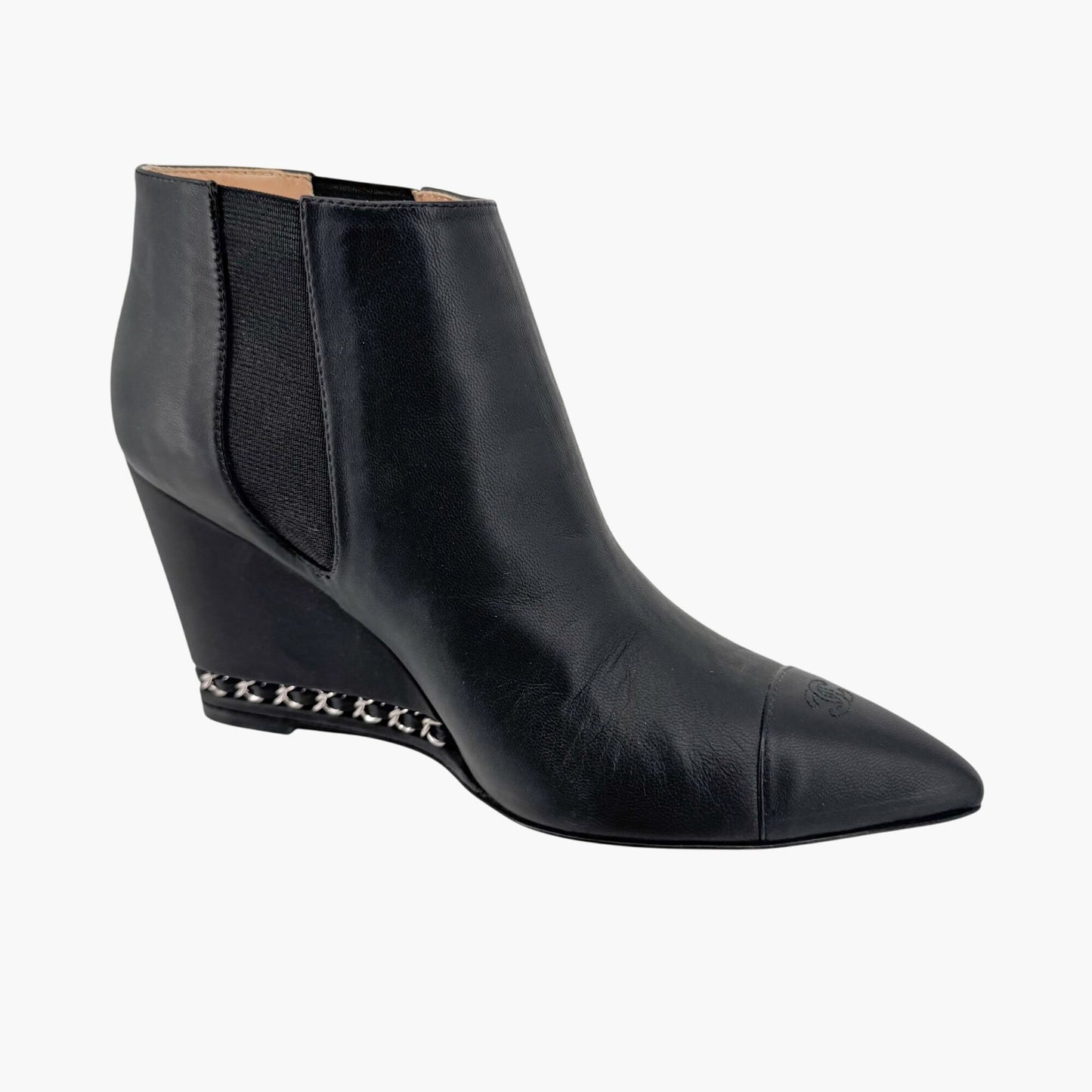 Chanel CC Chain Wedge Ankle Booties in Black Leather – Size 39.5