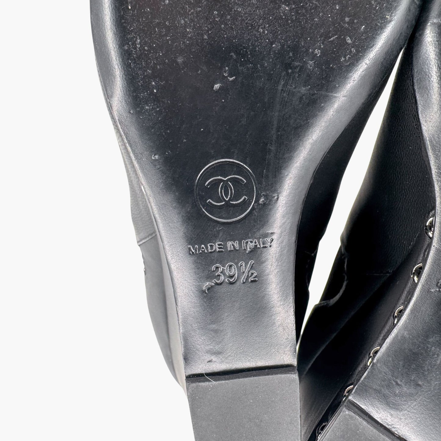 Chanel CC Chain Wedge Ankle Booties in Black Leather – Size 39.5