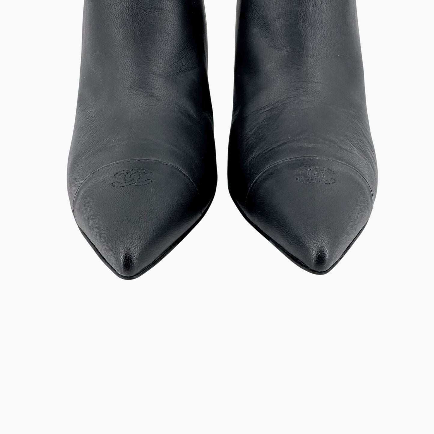 Chanel CC Chain Wedge Ankle Booties in Black Leather – Size 39.5