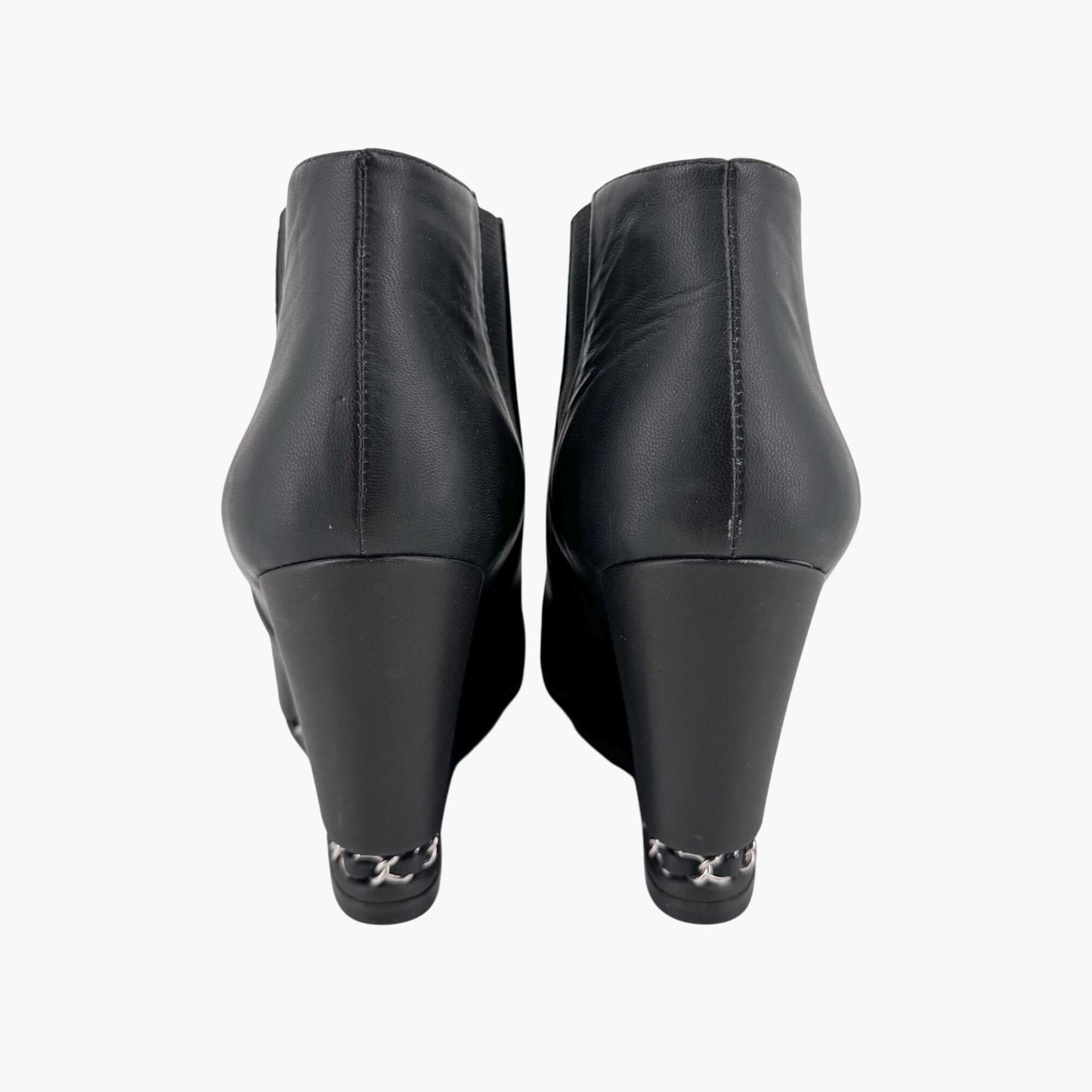 Chanel CC Chain Wedge Ankle Booties in Black Leather – Size 39.5