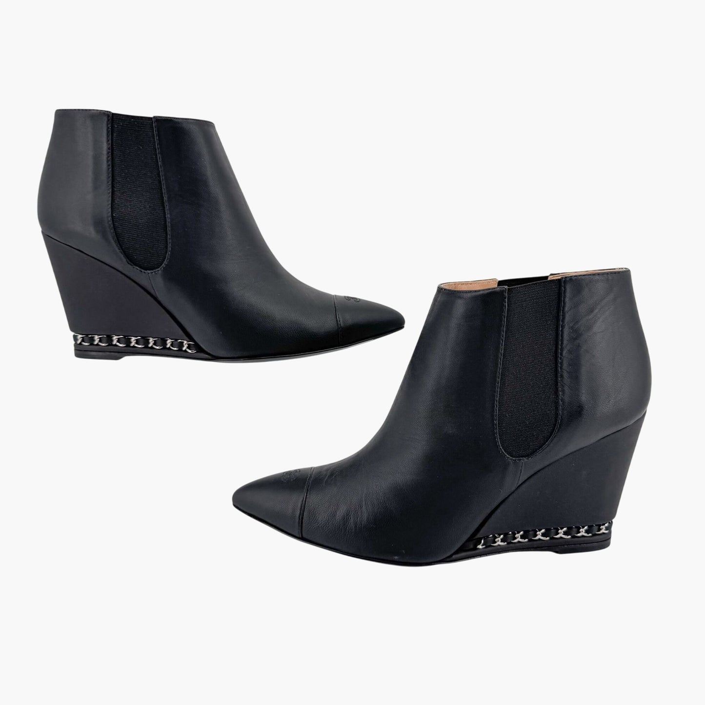 Chanel CC Chain Wedge Ankle Booties in Black Leather – Size 39.5
