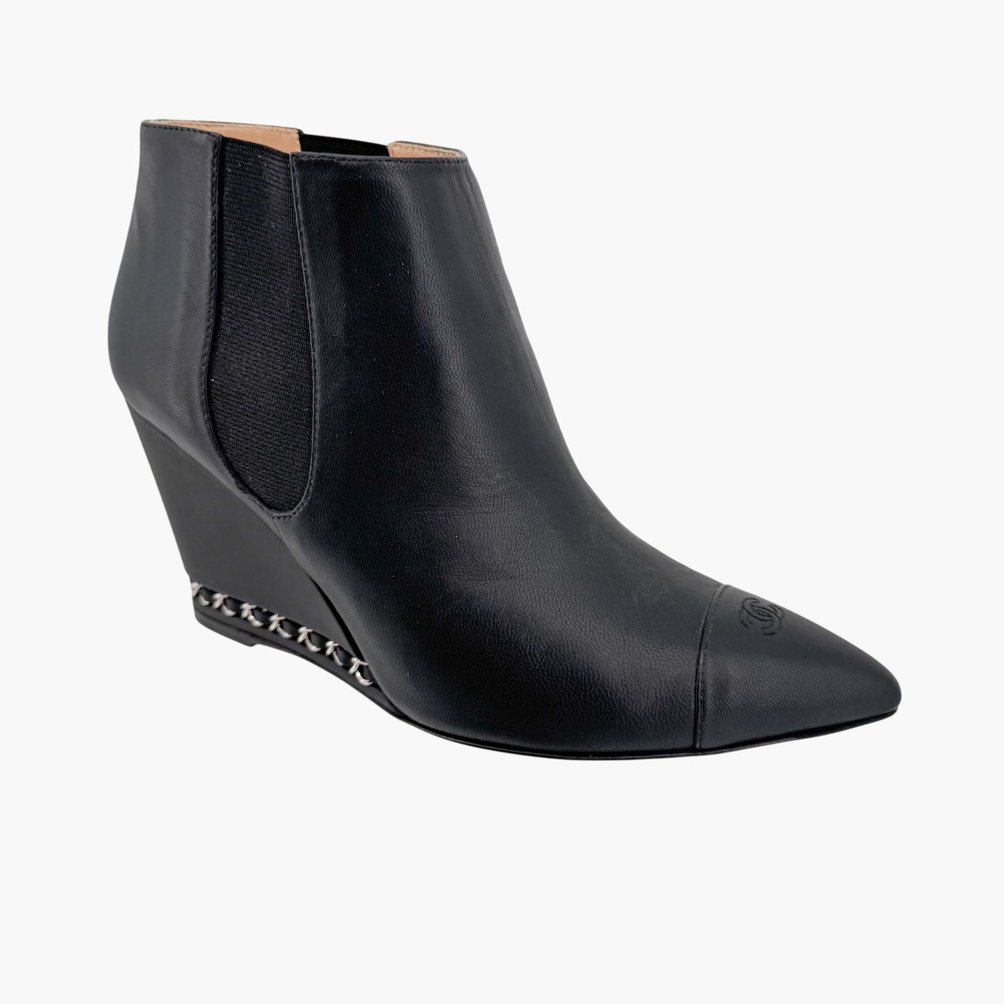 Chanel CC Chain Wedge Ankle Booties in Black Leather – Size 39.5
