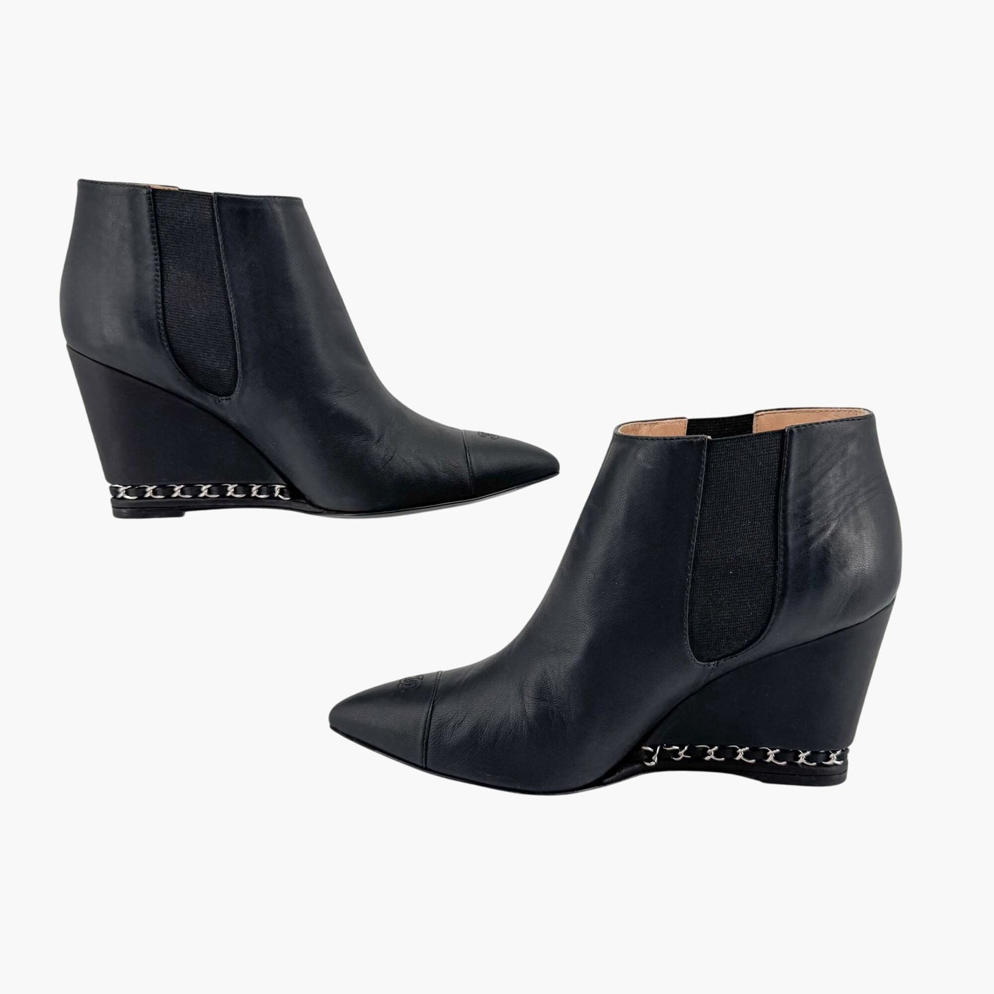 Chanel CC Chain Wedge Ankle Booties in Black Leather – Size 39.5