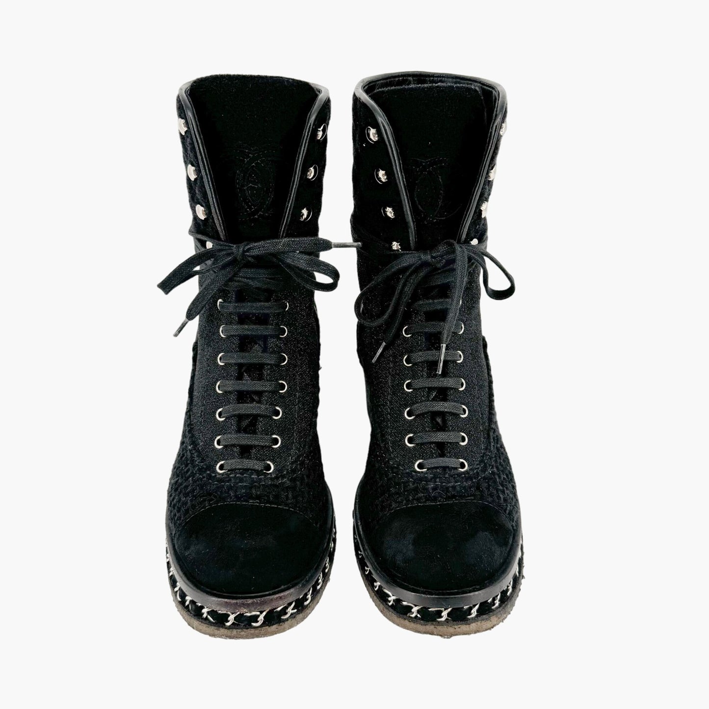 Chanel Quilted Tweed Combat Boots in Black Size 37