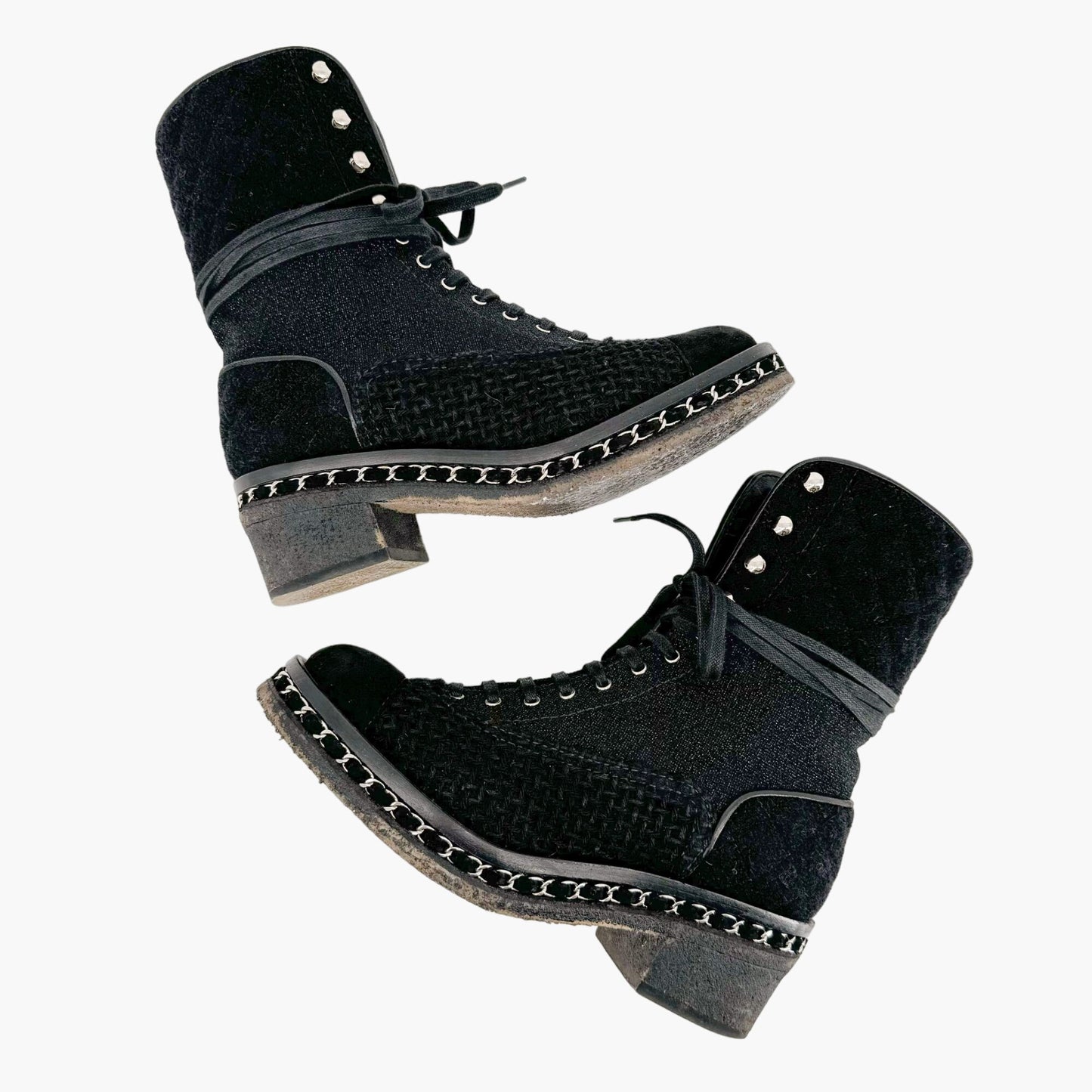 Chanel Quilted Tweed Combat Boots in Black Size 37