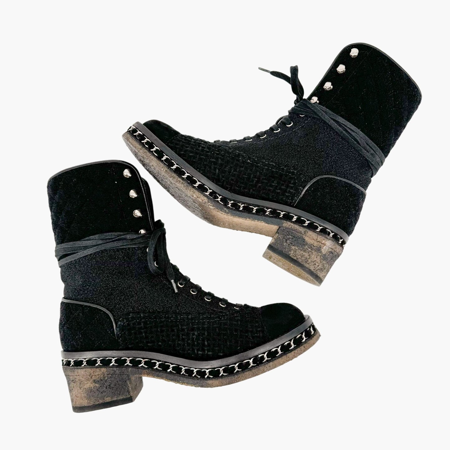 Chanel Quilted Tweed Combat Boots in Black Size 37