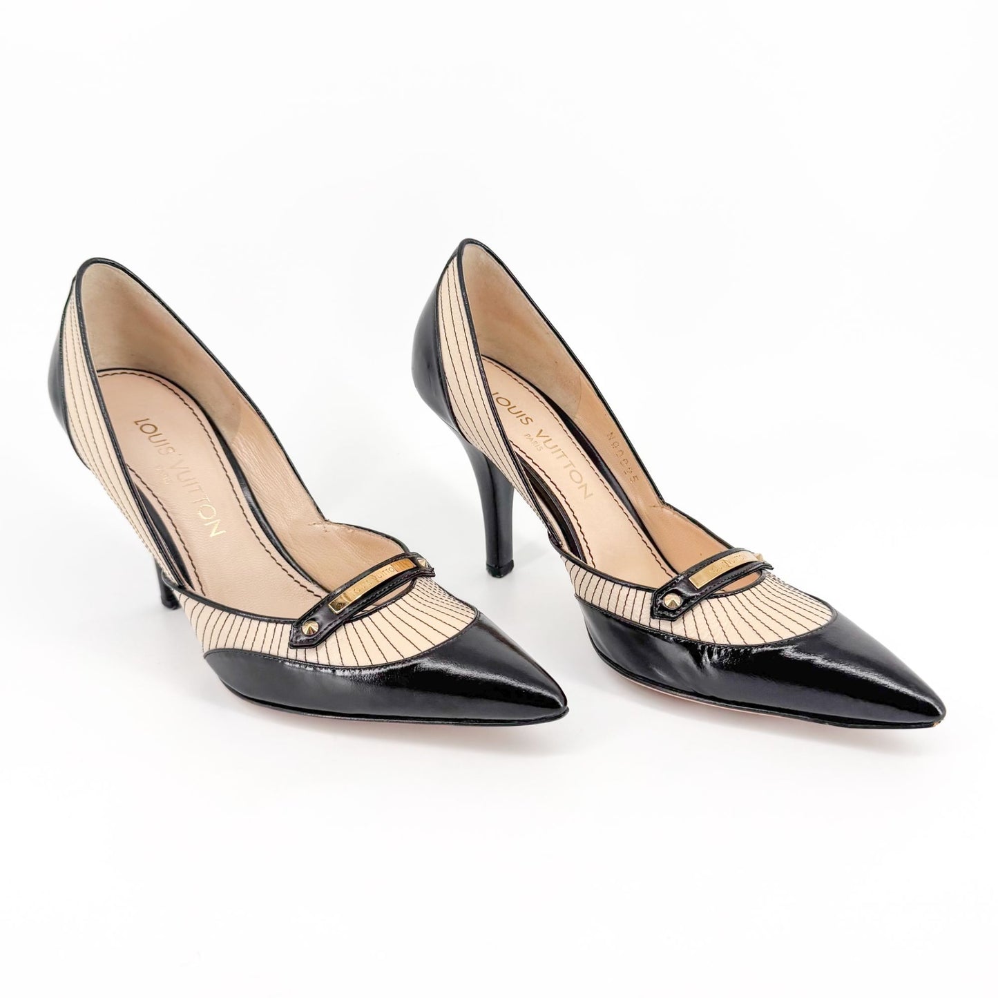 Louis Vuitton Logo Strap Pumps in Black & Cream Leather Size 38