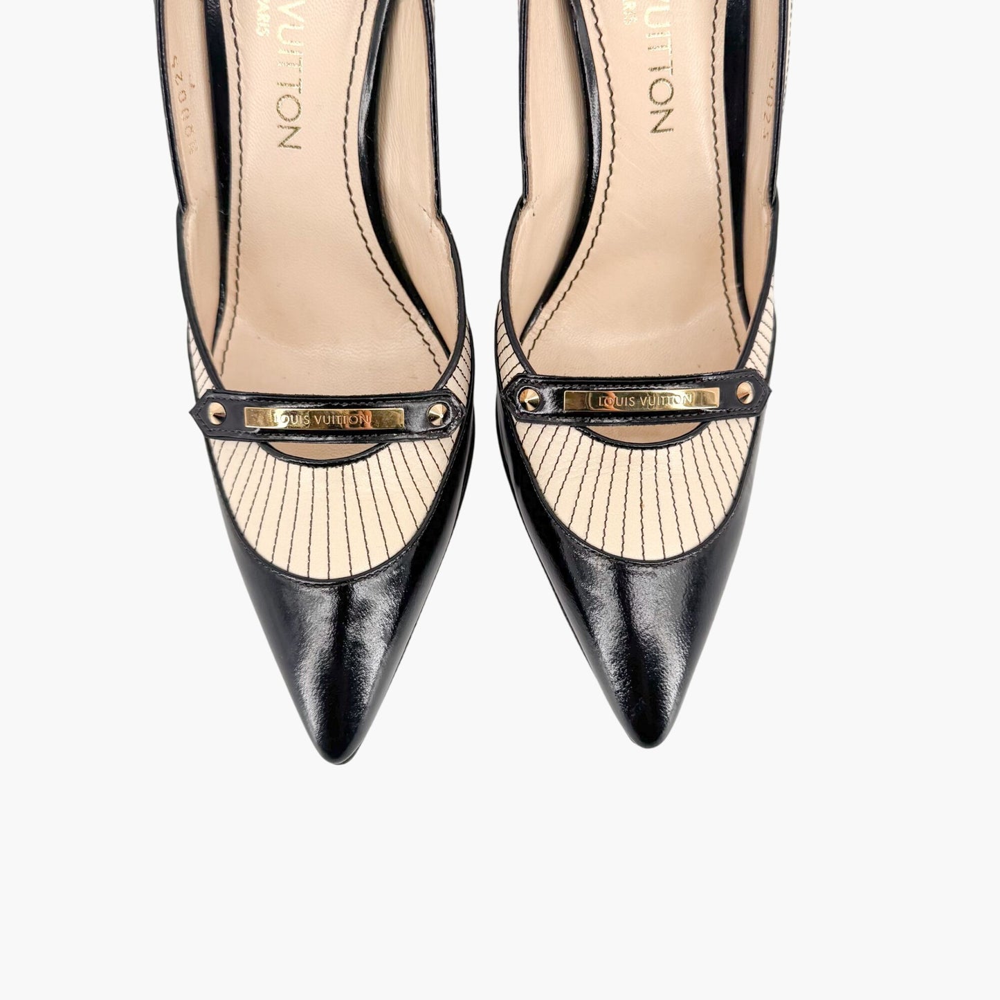 Louis Vuitton Logo Strap Pumps in Black & Cream Leather Size 38