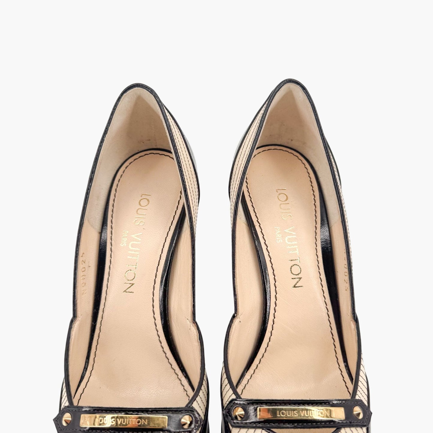 Louis Vuitton Logo Strap Pumps in Black & Cream Leather Size 38