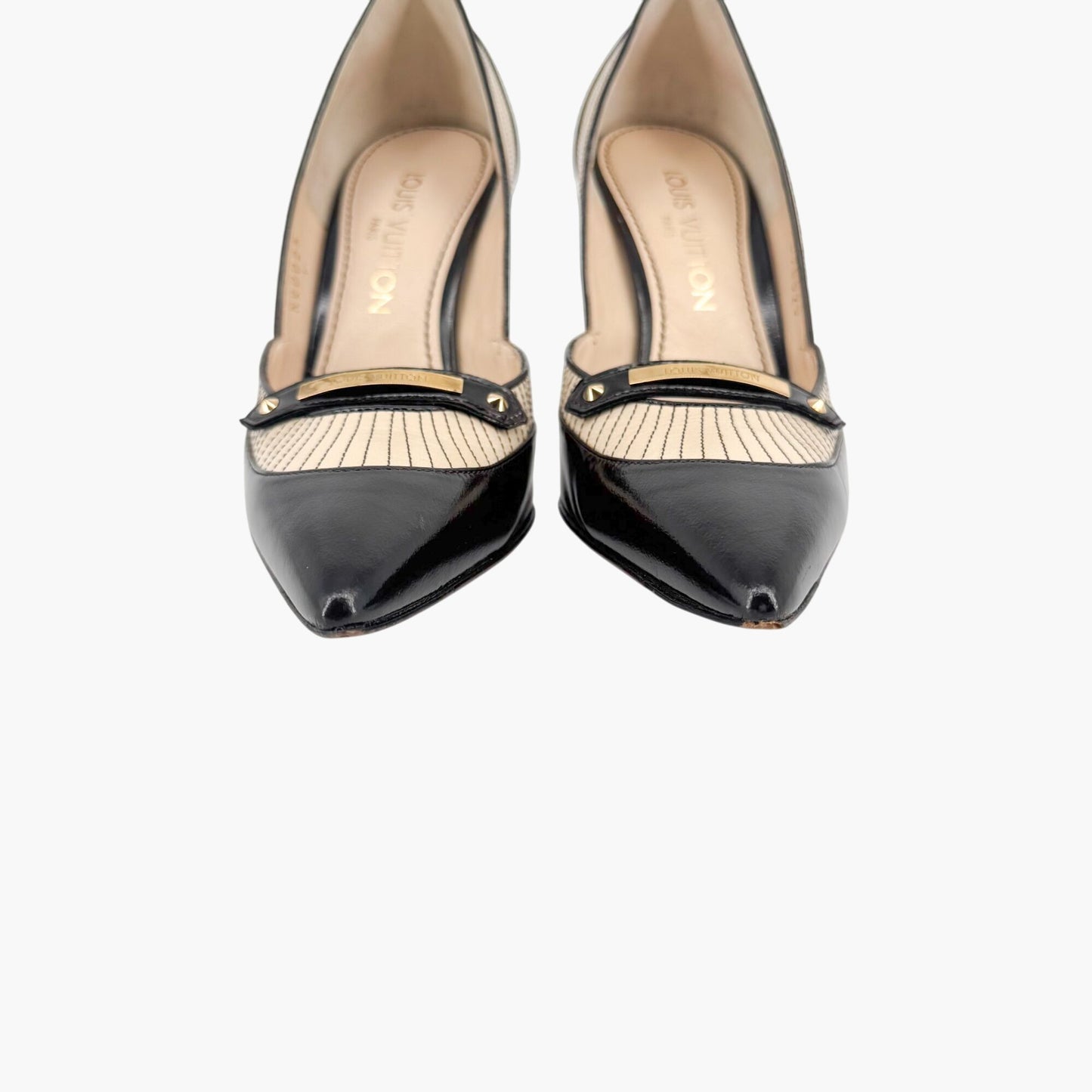 Louis Vuitton Logo Strap Pumps in Black & Cream Leather Size 38