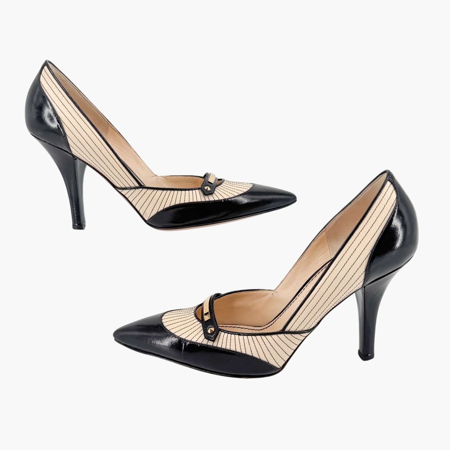 Louis Vuitton Logo Strap Pumps in Black & Cream Leather Size 38