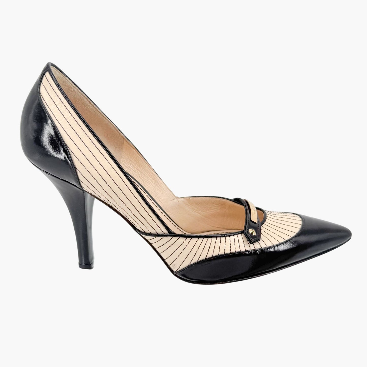 Louis Vuitton Logo Strap Pumps in Black & Cream Leather Size 38
