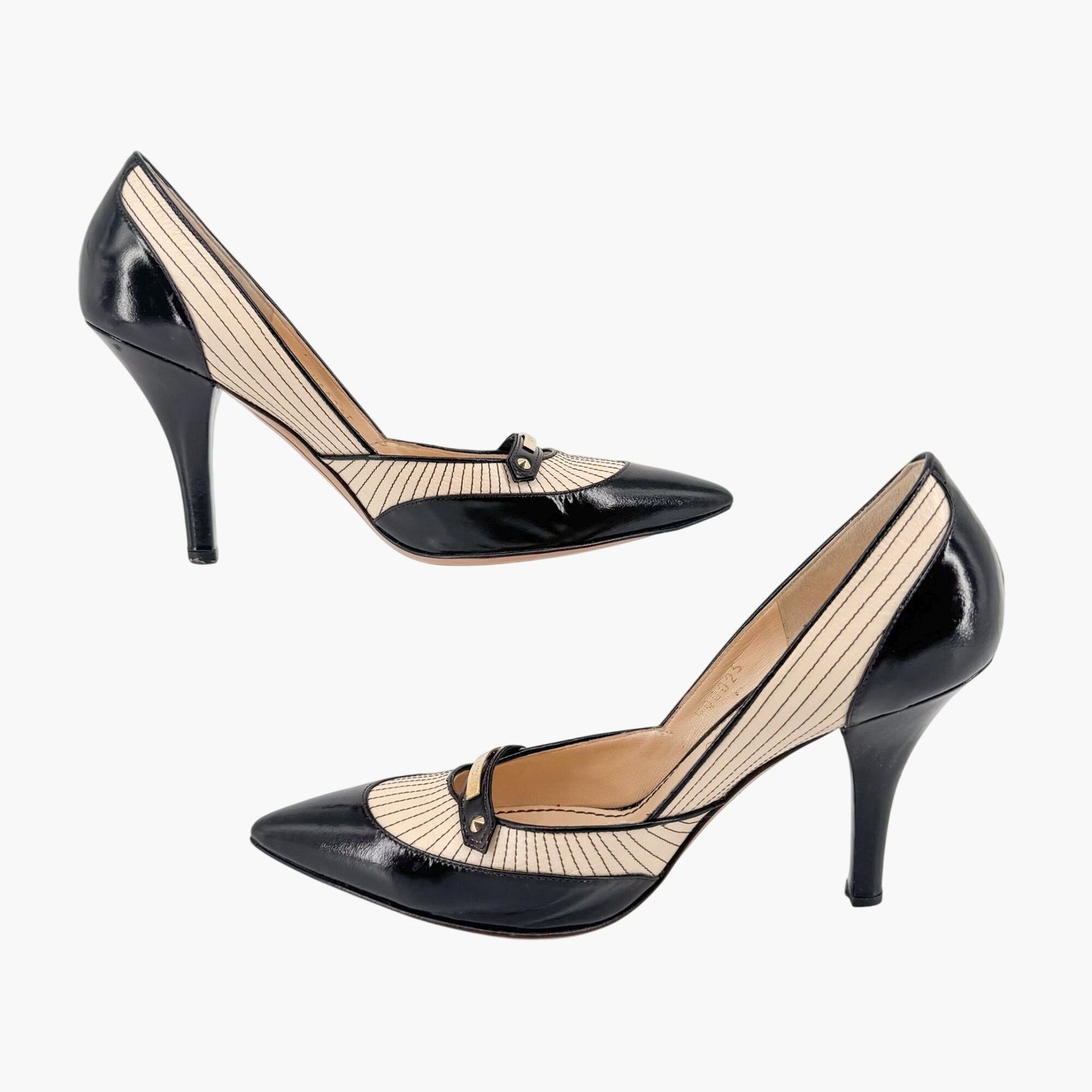 Louis Vuitton Logo Strap Pumps in Black & Cream Leather Size 38