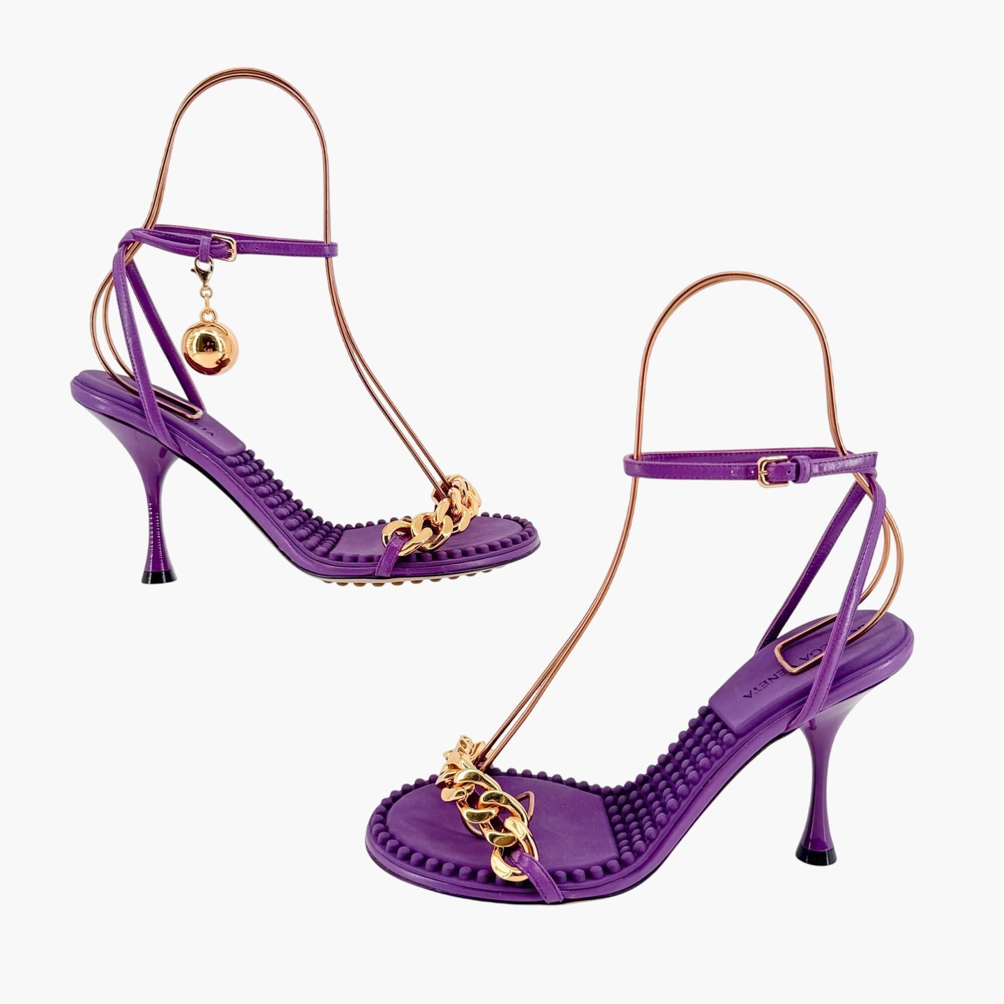 Bottega Veneta Dot Chain Sandals in Purple Leather with Gold Accent – Size 37