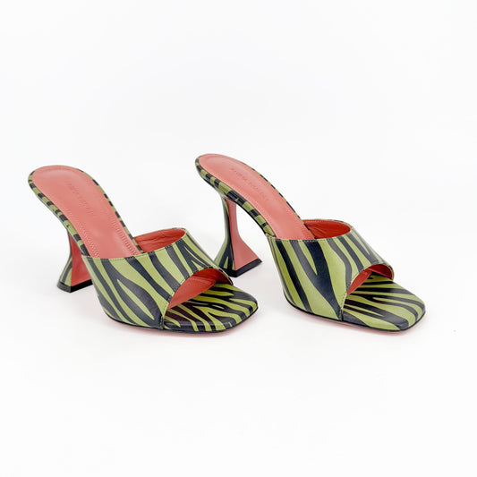 Amina Muaddi Green Zebra Lupita Flared Heel Mules Size 37.5