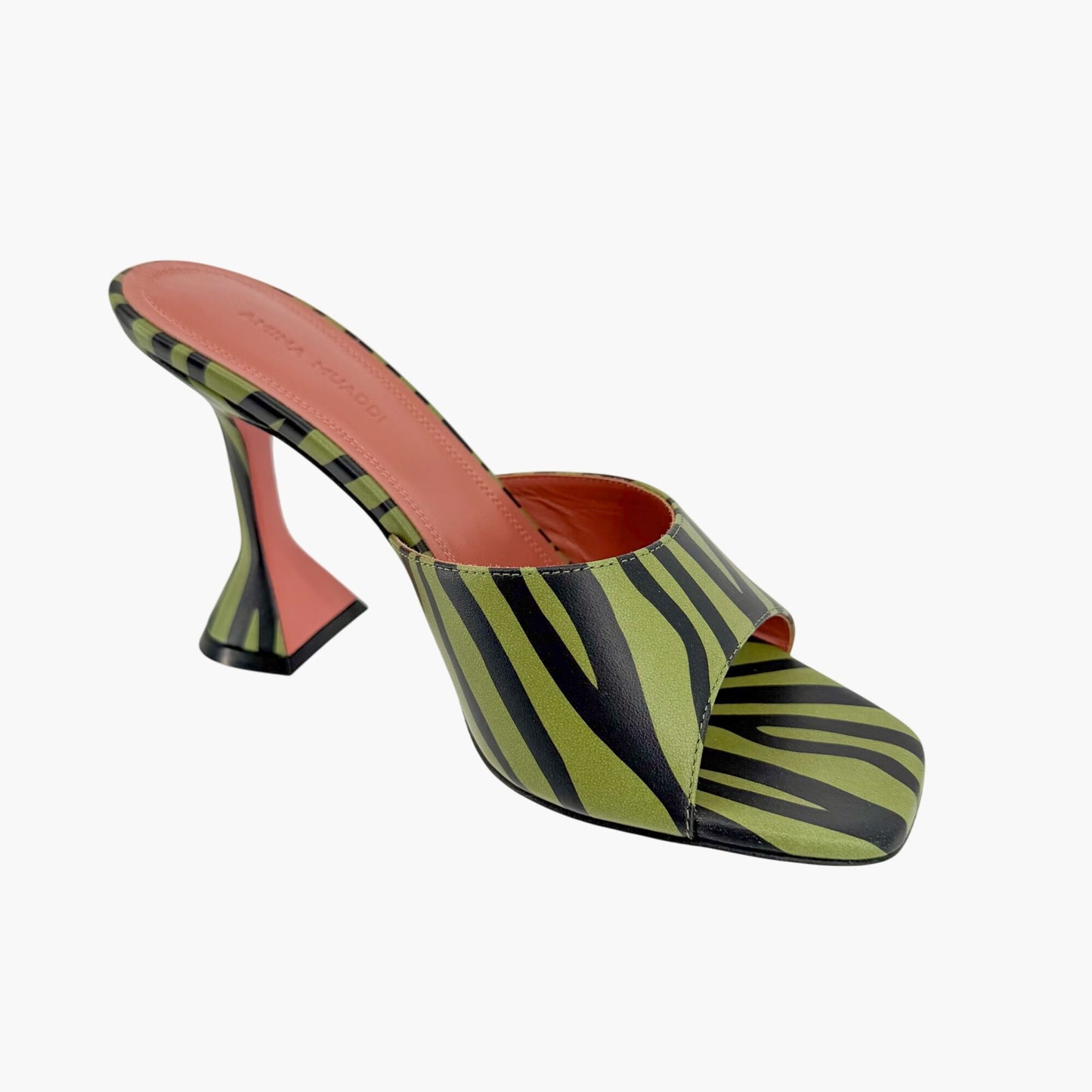 Amina Muaddi Green Zebra Lupita Flared Heel Mules Size 37.5