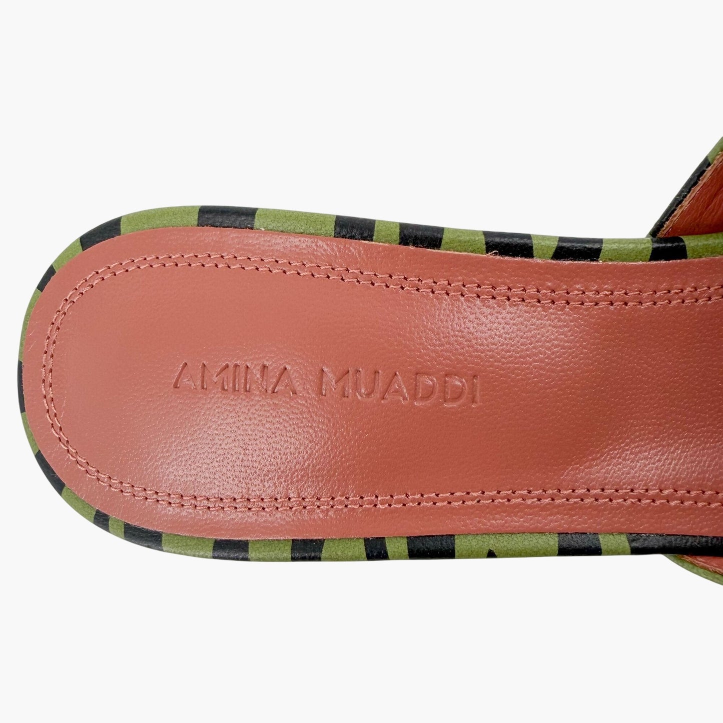 Amina Muaddi Green Zebra Lupita Flared Heel Mules Size 37.5