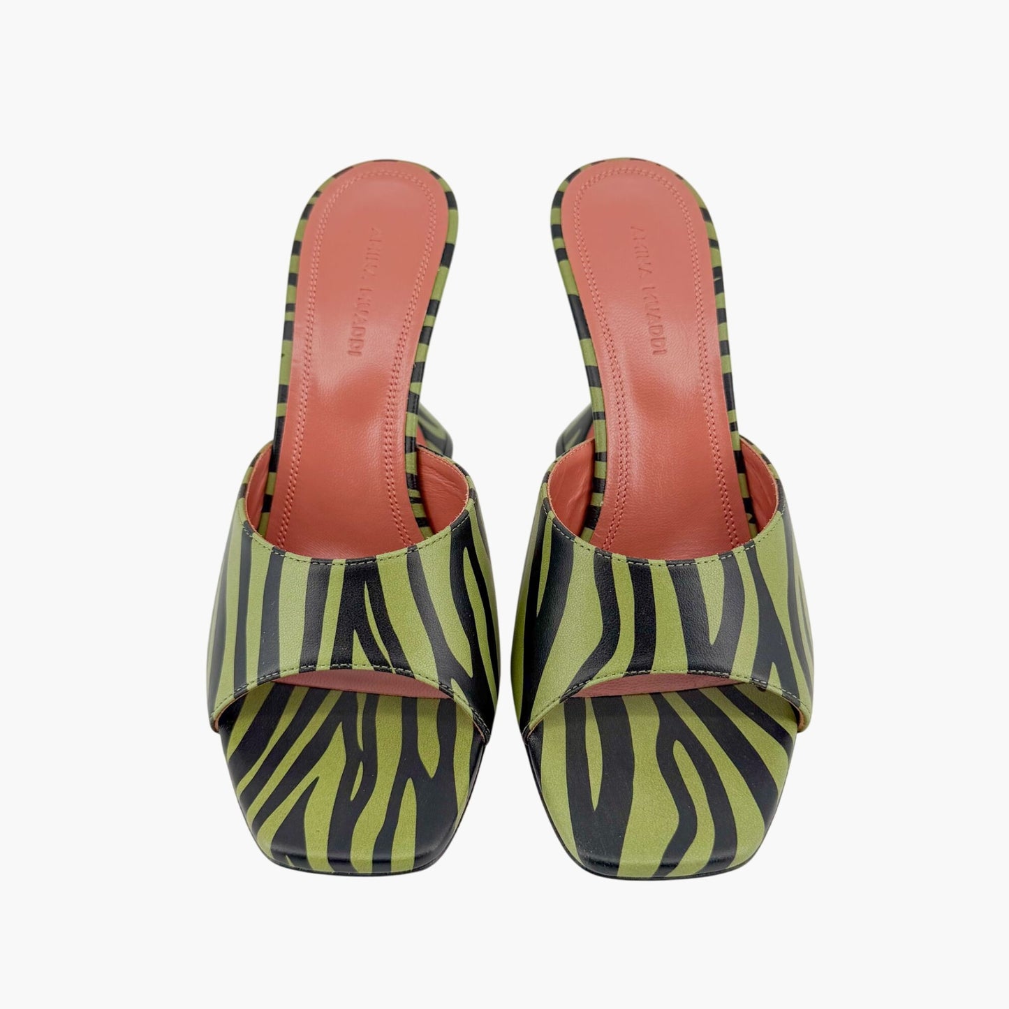 Amina Muaddi Green Zebra Lupita Flared Heel Mules Size 37.5