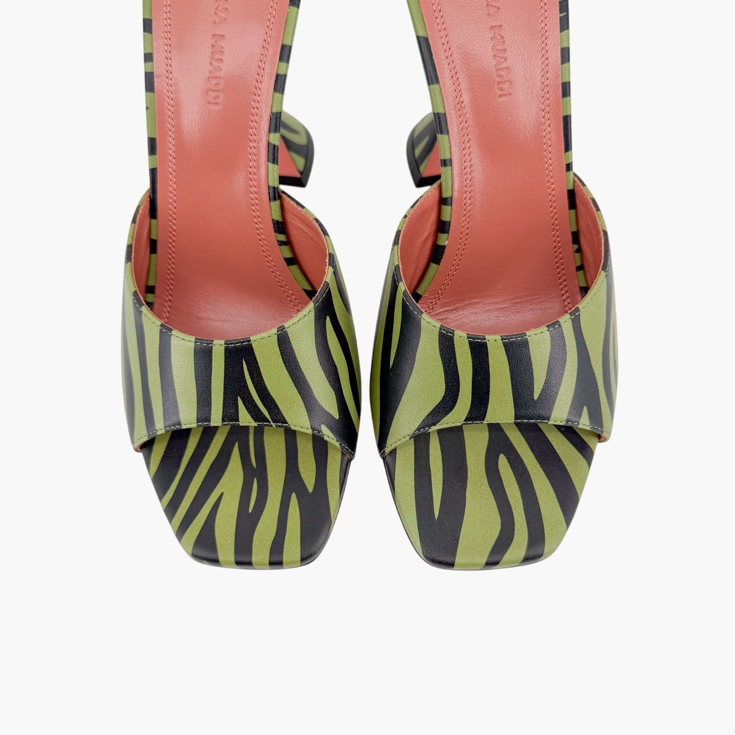 Amina Muaddi Green Zebra Lupita Flared Heel Mules Size 37.5