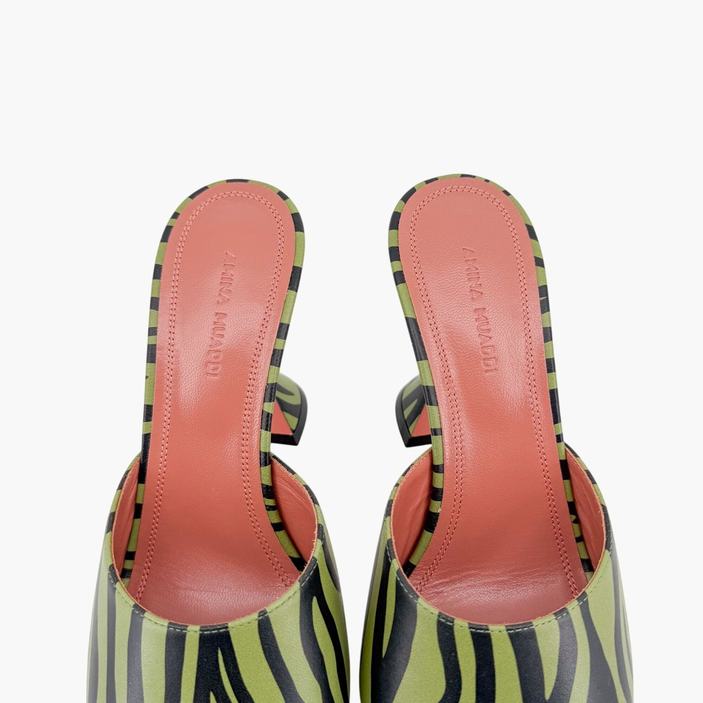 Amina Muaddi Green Zebra Lupita Flared Heel Mules Size 37.5