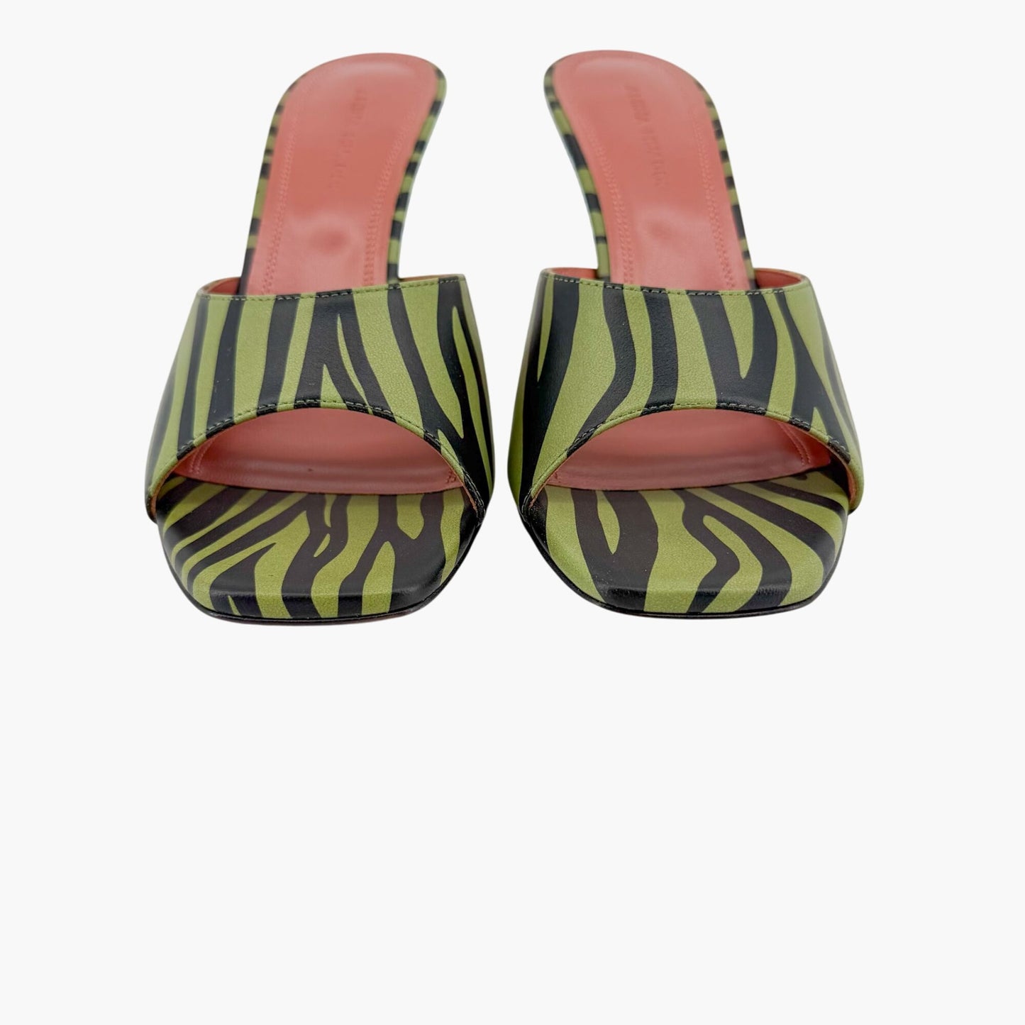 Amina Muaddi Green Zebra Lupita Flared Heel Mules Size 37.5